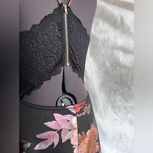 Black Floral Charlotte Russe, Natural Banded Waist, Laced Back, Godet Dress(M)